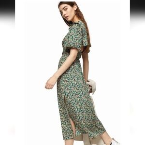 Topshop Floral Open Back Frill Puff Sleeve Midi Dress-Size 14